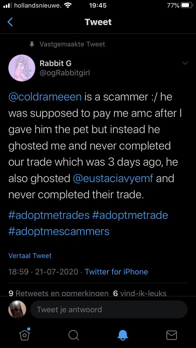 iiash_angxl's tweet photo. @coldrameeen scammed @ogRabbitgirl for her am pet! He completely ghosted her after she gave the pet! Block/report him! Please retweet.💞
#adoptme #adoptmetradings #adoptmetrading #adoptmetrade #adoptmetrades #adoptmegiveaway #adoptmegiveaways https://t.co/btYPgJ36cP