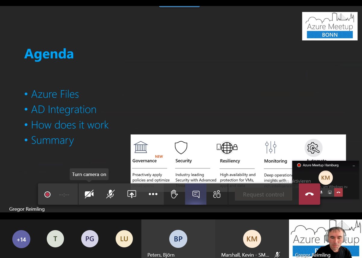 AtholyMardies's tweet photo. second session by @GregorReimling today at #azuremeetuphh is about #azurefiles and how #adintegration can be used to manage #permissions on #azurefiles, hosted by @SQL_aus_HH https://t.co/RUNS015JD2