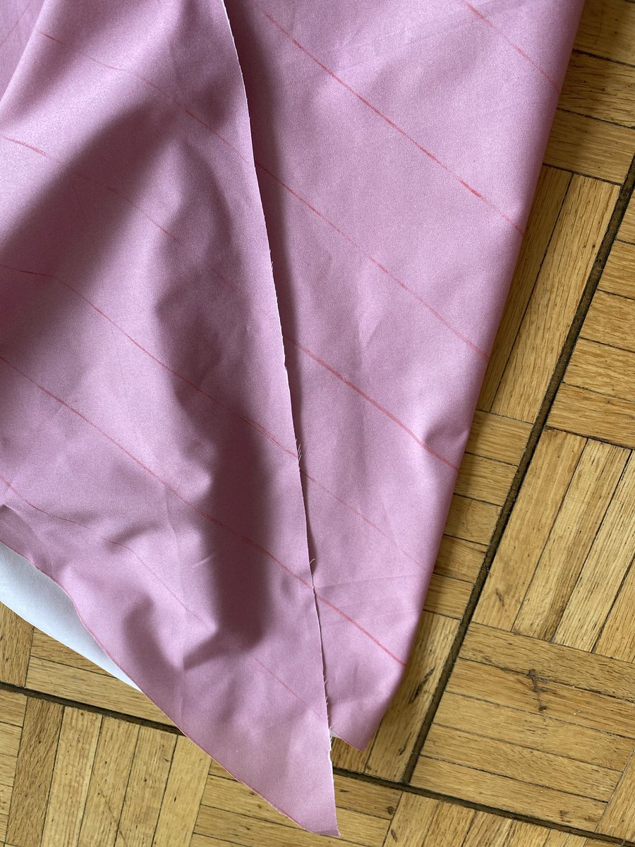 You’ll end up with a shape like FE first photo. When pinning it together, you need to line up the marks you made, off setting the the first line. Once this is sewn you cut along that line to make your bias.Note: I have right sides out just to show the way it lines up.