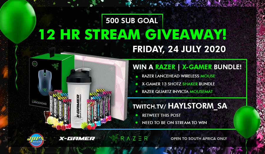 Hay_Haylstorm's tweet photo. For reaching 500 Twitch subs, I will be doing a 12 hr celebration stream this Friday with a HUGE @Razer &amp; @XGamerEnergy bundle to give away! Retweet this post &amp; enter on stream to win. Open to SA only. Mini goals on stream will trigger more giveaways @ZAStreams  #Giveaway #win https://t.co/PpN7CUv8sB