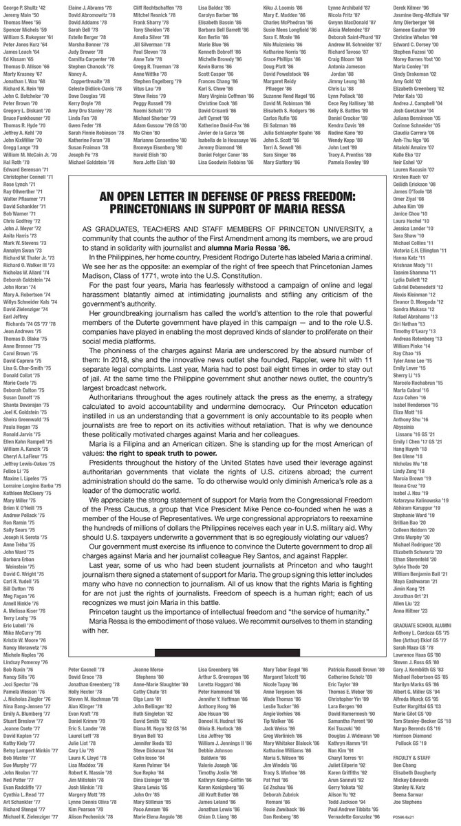 pawprinceton's tweet photo. 429 people have signed a petition organized by Princeton alumni who feel strongly about what Maria Ressa ’86’s case represents for free speech and democracy. Today this statement with the first 424 signatures ran in The Washington Post.

The petition: https://t.co/lsgyBSrPgy https://t.co/68ccXzhn59
