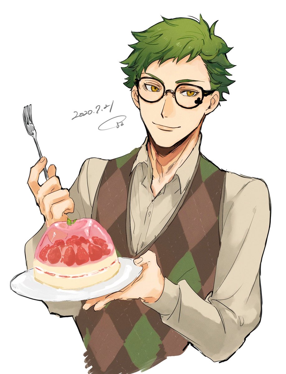 1boy male focus green hair food solo glasses cake  illustration images