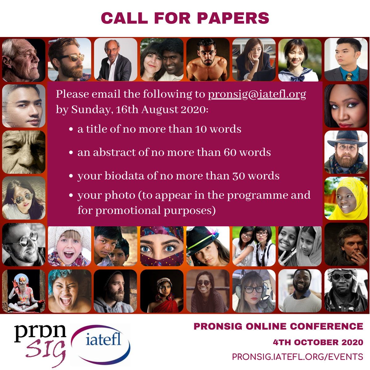 PronSIG's tweet photo. After the huge success of our Oct 2019 #event in Glasgow, @IATEFL @PronSIG are excited to announce the #CallForPapers for our 2020 #Online #Conference on 4th Oct! If you would like to speak at this event, the deadline for proposals is 16th Aug.🥳
#pronunciation #accents #teachers https://t.co/1cQrouP2Ip