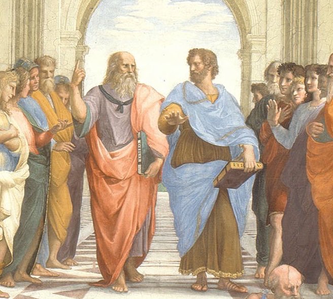 安部火韻 Abel Kain ルネサンス期の絵画 アテネの学堂 この中心に描かれているのは モデルは違うが プラトンと アリストテレスです 彼らの手に注目すると プラトンは上に指を差し アリストテレスは手を下向きに伏せている これはそれぞれ理想主義