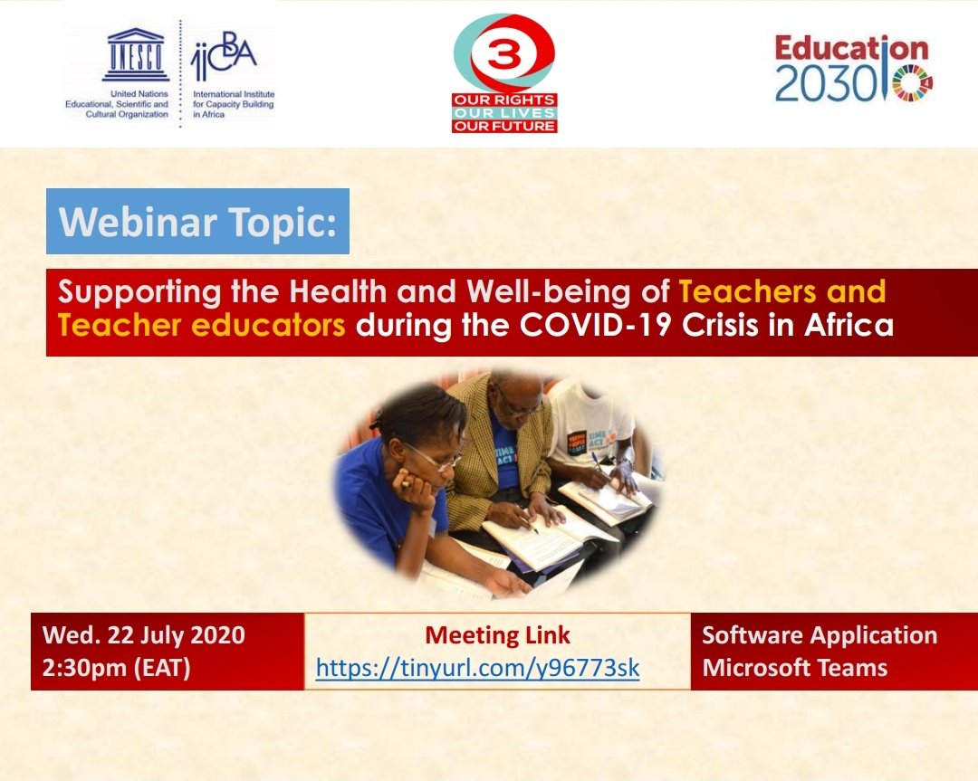 Martin_Okoed's tweet photo. #Webinar "Supporting the Health and Wellbeing of Teachers and Teacher Educators During the COVID-19 Crisis in Africa"
When: Wed, 22 July 2020 at 2:30pm EAT
App: Microsoft Teams 
Link: https://t.co/Rsk2hRmhpt
@UnescoEast @Education2030UN @EnabelinUganda @Educ_SportsUg
@ntckaliro https://t.co/Qtq7TzbmDH