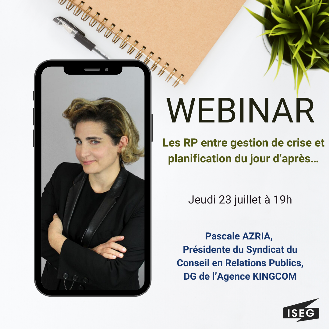 iseg_officiel's tweet photo. 🔴 L'ISEG EN LIVE !
📲 Participez à notre deuxième #webinar sur FB avec @PascaleAzz DG de l'Agence @kingcom et Présidente du @syndicat_RP - une conférence animée par le journaliste #MathieuAlterman https://t.co/lWcbDPDBMt