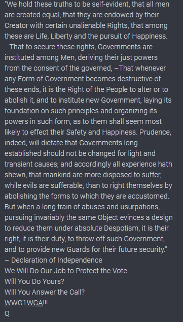 8/Drop 2403 November 2018, at the midterms, Q referred Ephesian 6 in the context of a nation needing patriots, which was linked to a speech by Reagan. Putting on the armor of God here referenced the fight that anons had to partake in in order to secure GOP votes (a political war)
