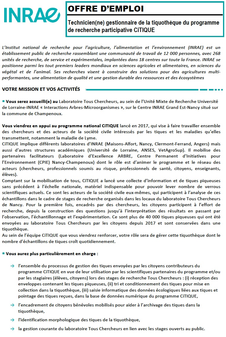 ci_ticks's tweet photo. Le programme CITIQUE recrute un(e) technicien(ne) tiquothécaire en CDD, pour prendre en charge la gestion de la collection de tiques piqueuses envoyées par les citoyens contributeurs. N'hésitez pas à en parler autour de vous. Merci d'avance ! https://t.co/2xdbfyunwH