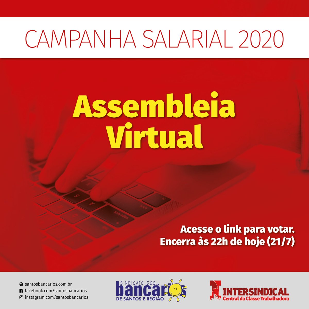 santosbancarios's tweet photo. Prazo para votação acaba hoje (terça, 21/7), às 22h! Não deixe para a última hora, vote pelo link https://t.co/mS2JSaLzA1

#adistancianaonoslimita #bancarios #assembleia #virtual https://t.co/WZqaStHEWq