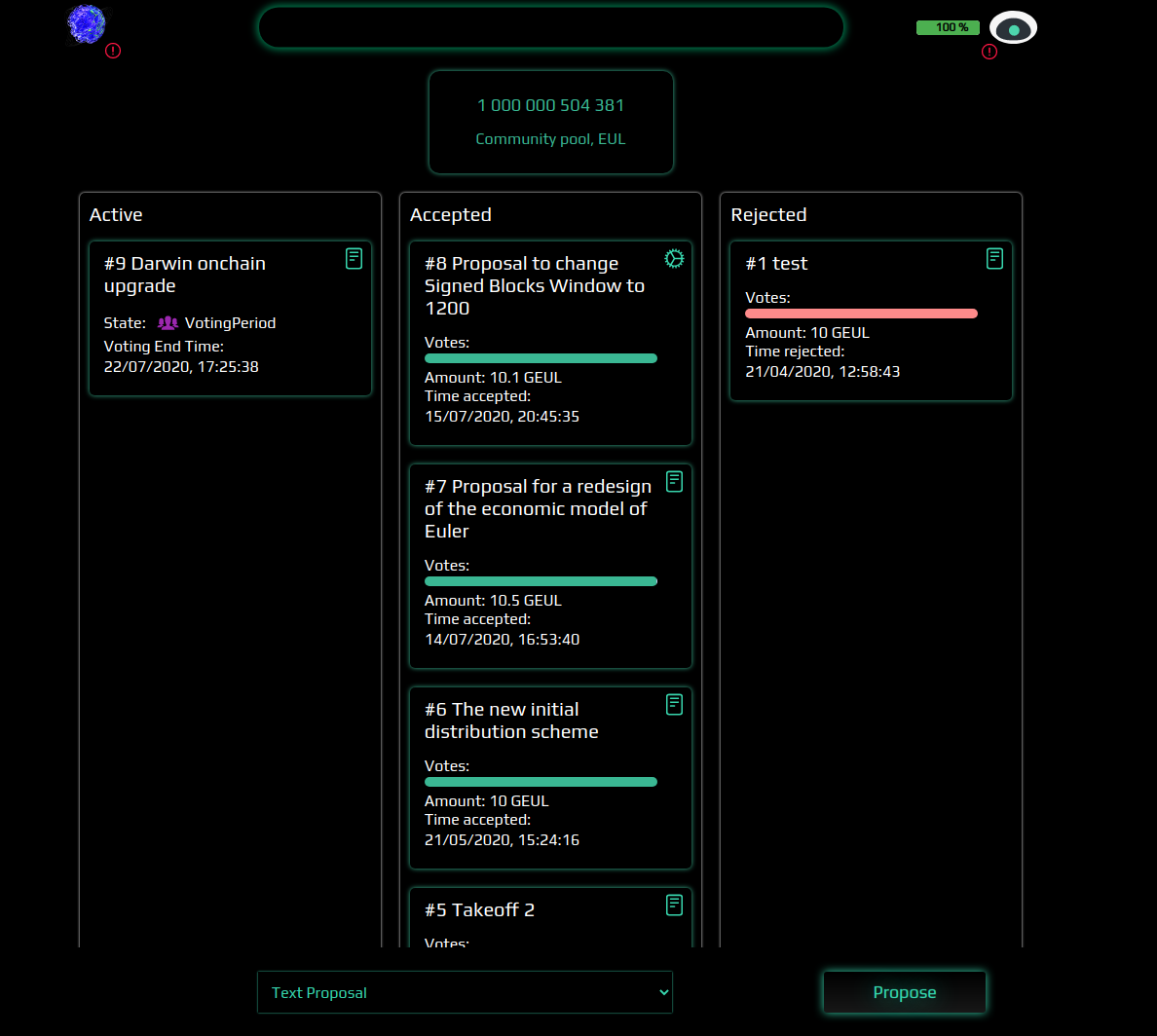 cyber_devs's tweet photo. Governance just became easier at Cyber with the new governance page that sorts the proposals accordingly to accepted, rejected and active. Let it be easy...

Each prop is clickable with description, details and much more:

https://t.co/h0r8GQCFLA https://t.co/NOIHi1Nnt4