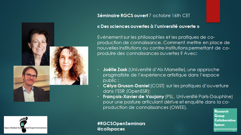 collspaces's tweet photo. Ne manquez pas notre séminaire ouvert du 7 octobre  16h réintitulé "Des sciences ouvertes à l'université ouverte". Nous aurons le plaisir de recevoir Joëlle Zask, Célya Gruson-Daniel &amp; François-Xavier de Vaujany

Inscription : https://t.co/KLOBxzzBS0 #OpenScience #RGCSOpenSeminar https://t.co/a8AZwinDE8