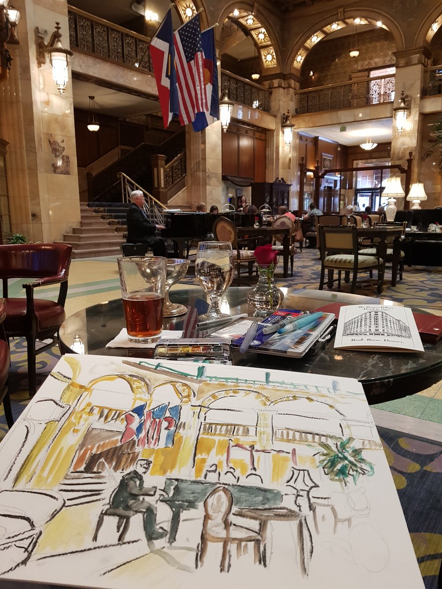 19/04/08Prior to the evenings game I explored Denver's historic downtown. I headed to the  @BrownPalace where the Beatles once stayed. In the beautiful wood panelled lobby I sat and drew the surroundings and listened to Jimmy, the piano man.  #MLB  #DiamondsOnCanvas  #AndyBrown