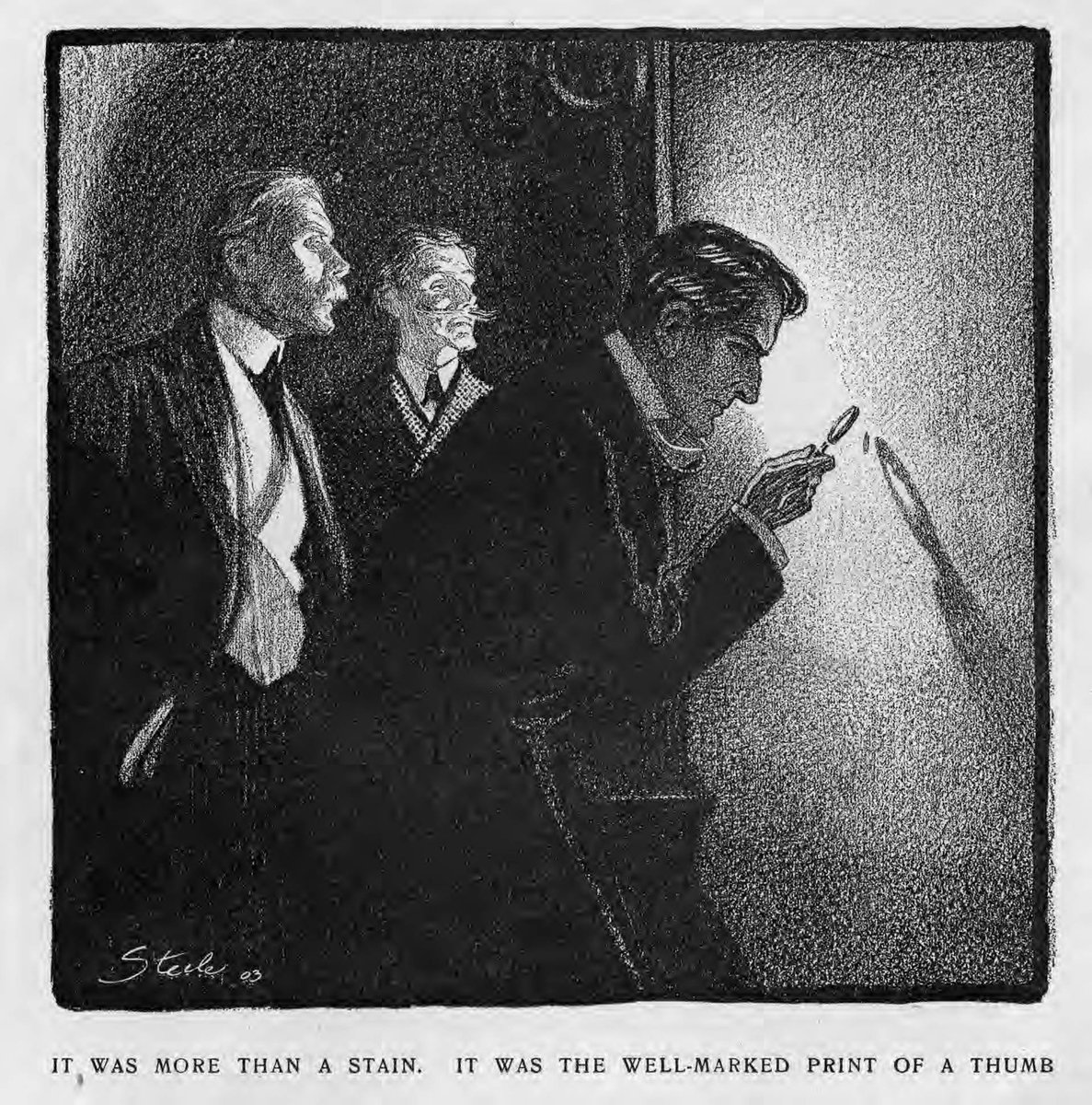 A Steele illustration for "The Norwood Builder" in Collier's Magazine, October 31, 1903  @SherlockUMN  @umnlib. Other portrayals of Holmes present an older detective. FDS reminds readers that Holmes started his career while at university (if not earlier).  http://purl.umn.edu/122683 