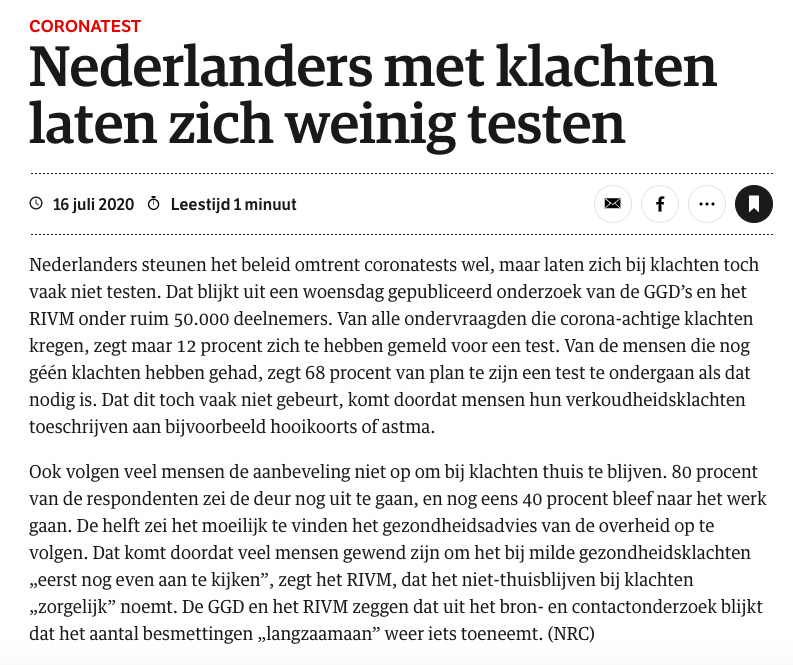 Belangrijk: blijf thuis bij klachten en laat je testen!