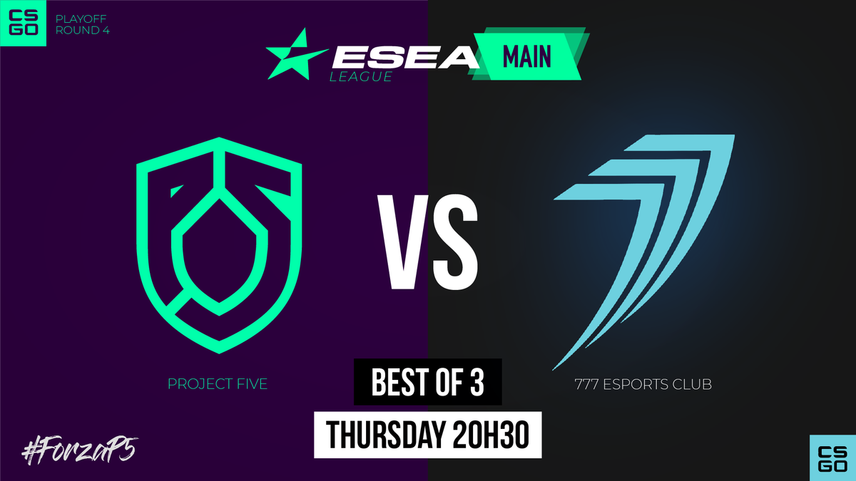 Project5_Esport's tweet photo. 🔵CSGO Match🟣
🇬🇧 Thursday at 19h30, we will face @777eSports in the round 4 playoffs of the @ESEA Main League 👊
🇫🇷 Jeudi à 20h30, nous affronterons @777eSports en playoffs round 4 de l'ESEA Main League👊
Let's go guys 🔵🟣
#RoadToTop4 #ForzaP5 💜💙 https://t.co/4FYfAEnJBU