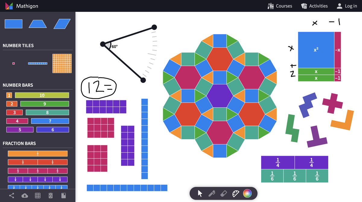MathigonOrg's tweet photo. Polypad is the ultimate collection of virtual manipulatives: polygons, number and algebra tiles, fraction bars, tangram, and much more. It works on all devices, has been translated into 16 languages, and is completely free to use. https://t.co/UZtjFcfrvR https://t.co/bEYNnFDFZY