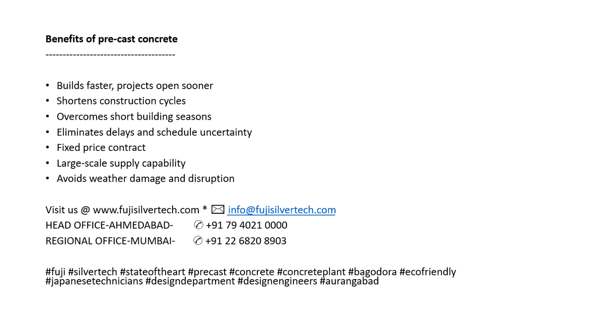 Fuji_Silvertech's tweet photo. #fuji #silvertech #stateoftheart #benefits #precast #concrete #concreteplant #bagodora #ecofriendly #japanesetechnicians #designdepartment #designengineers #aurangabad https://t.co/X3D6vb5uUY