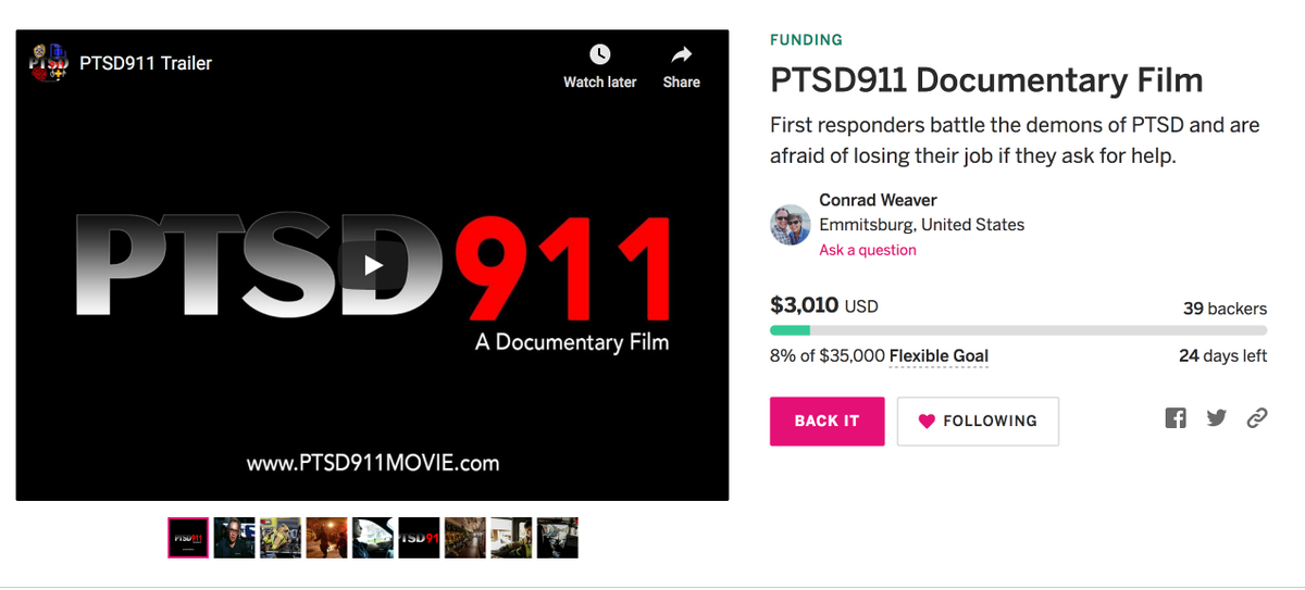 We've topped $3000 toward our goal of $35k for <a href="/PTSD911Movie/">PTSD911Movie</a>  We have 24 days left. Will you join us in making a small donation so we can reach our goal? Here's the link: igg.me/at/ptsd911movi…

PLEASE GIVE TODAY!

#ptsd911 #ptsd #FirstResponders
#lawenforcement
<a href="/Indiegogo/">Indiegogo💡</a>