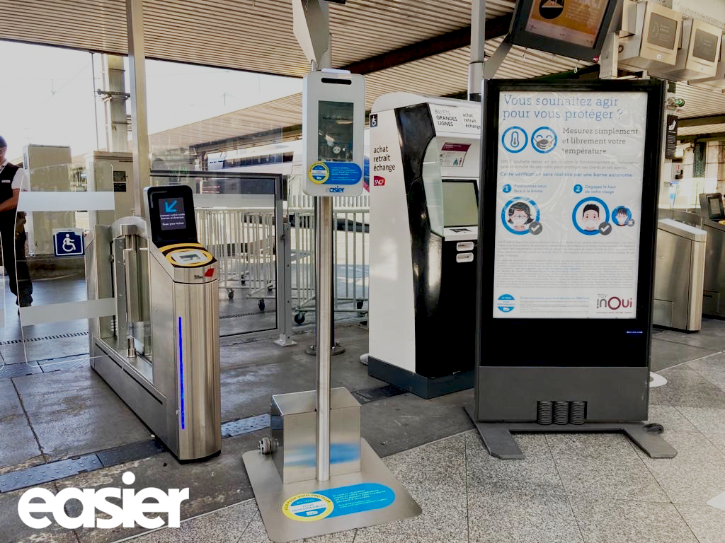 GO_EASIER's tweet photo. The EASIER’s Vital Check solution is now live at Paris Gare de Lyon train station. An initiative that will allow @SNCF to experiment this summer the temperature measurement of passengers, before their boarding and on the basis of volunteering. #Safety  #VitalCheck #train_stations https://t.co/MpmXu2kvp1