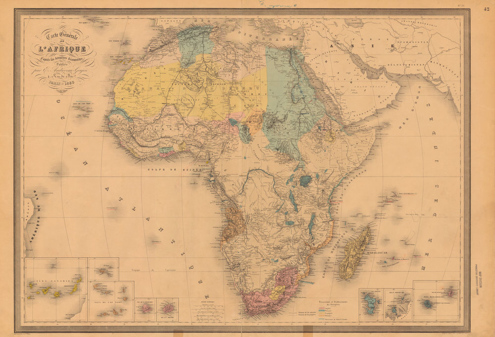 19. “Carte générale de l’Afrique, d’après les dernières découvertes” by Eugène Andriveau-Goujon (1880).Coloring shows the advance of European influence in several territories.