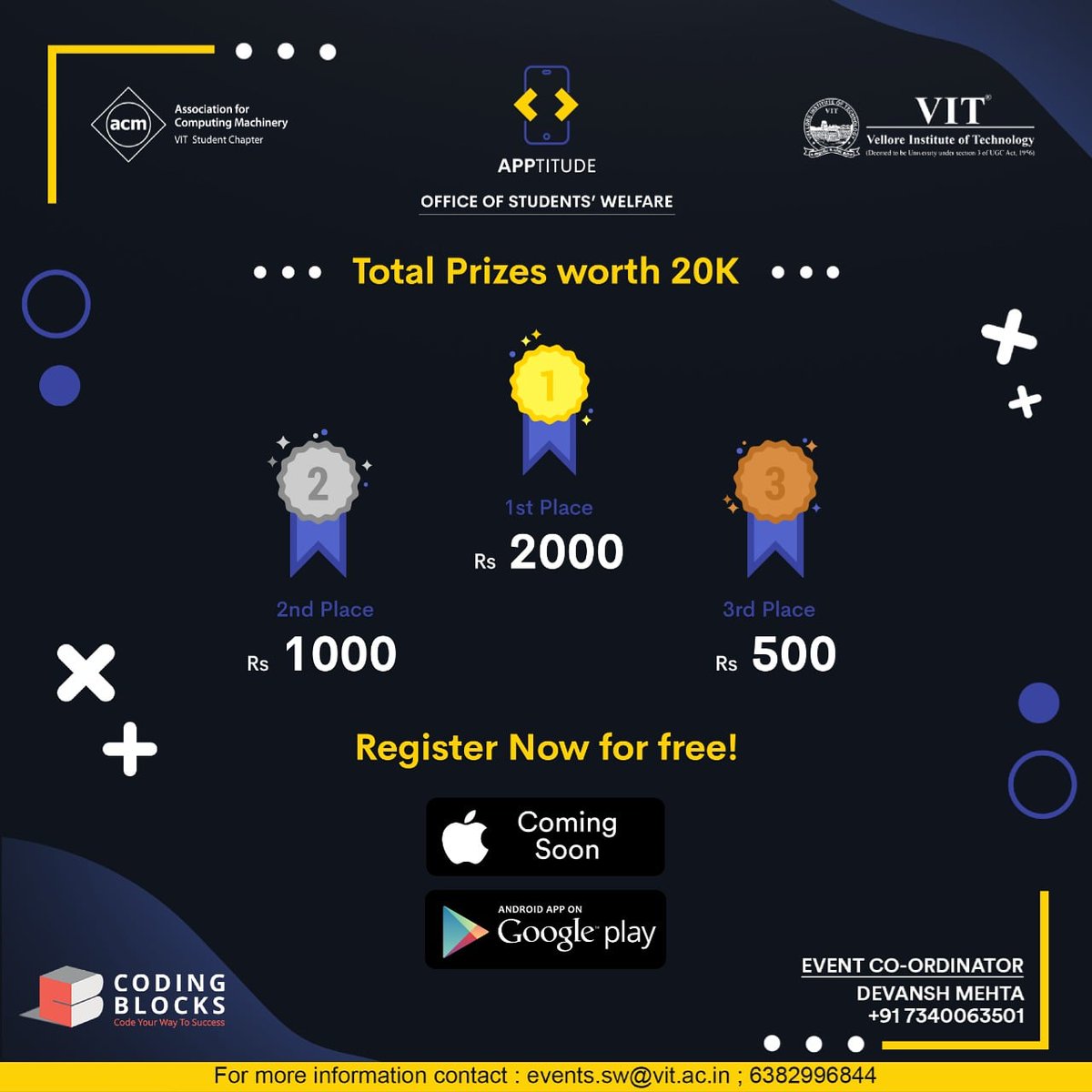 ACM_VIT's tweet image. With prizes worth a total of 20k, there&apos;s a lot more up for grabs than just bragging rights. The top 3 participants bag Rs 2000, 1000 and 500 each, alongwith an assortment of schwaggs for the honorary mentions!
Register now and bring out the app dev in you!
#acmvit #acmindia #acm