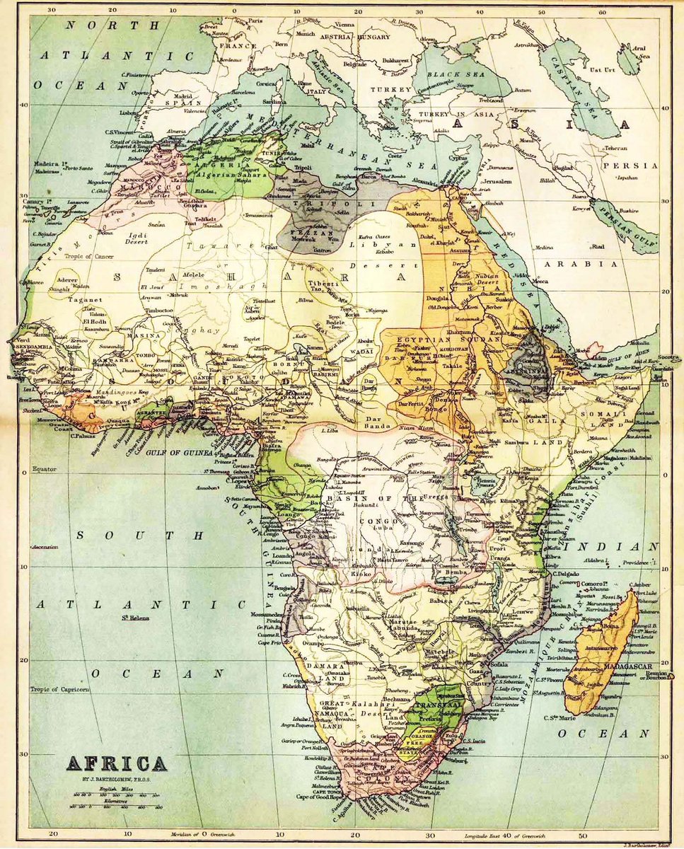 20. Africa by J. Bartholomew (1890).The partitioning of Africa by the European powers has not yet really begun.