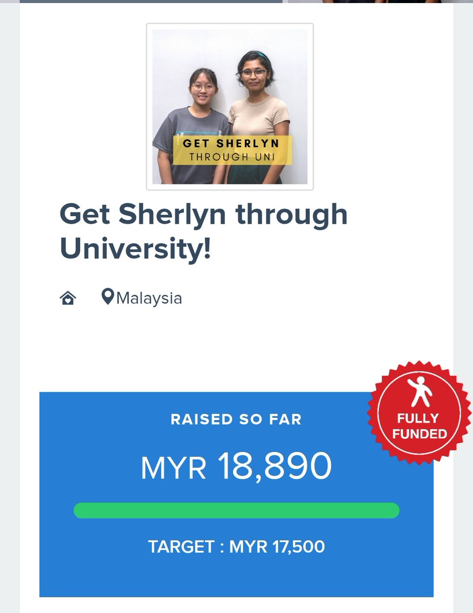 We just fully fundraised RM18K in 3hours Thank you so much for the kindness everyone, you successfully enabled Sherlyn's entry to university!(Please continue donating, as the living costs currently only cover her first 2 years. I really tak expect it to take off )