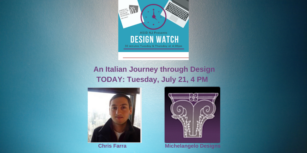 ASIDNJ's tweet photo. An Italian Journey through Design with Chris Farra of Michelangelo Designs; today, 7/21 at 4PM. Link to register: https://t.co/t88X6r0Y2L @ASIDNYMetro @ASIDAlabama #ASID #asidnj #italiandesign #italianfurniture https://t.co/QdVj7Wvb1B