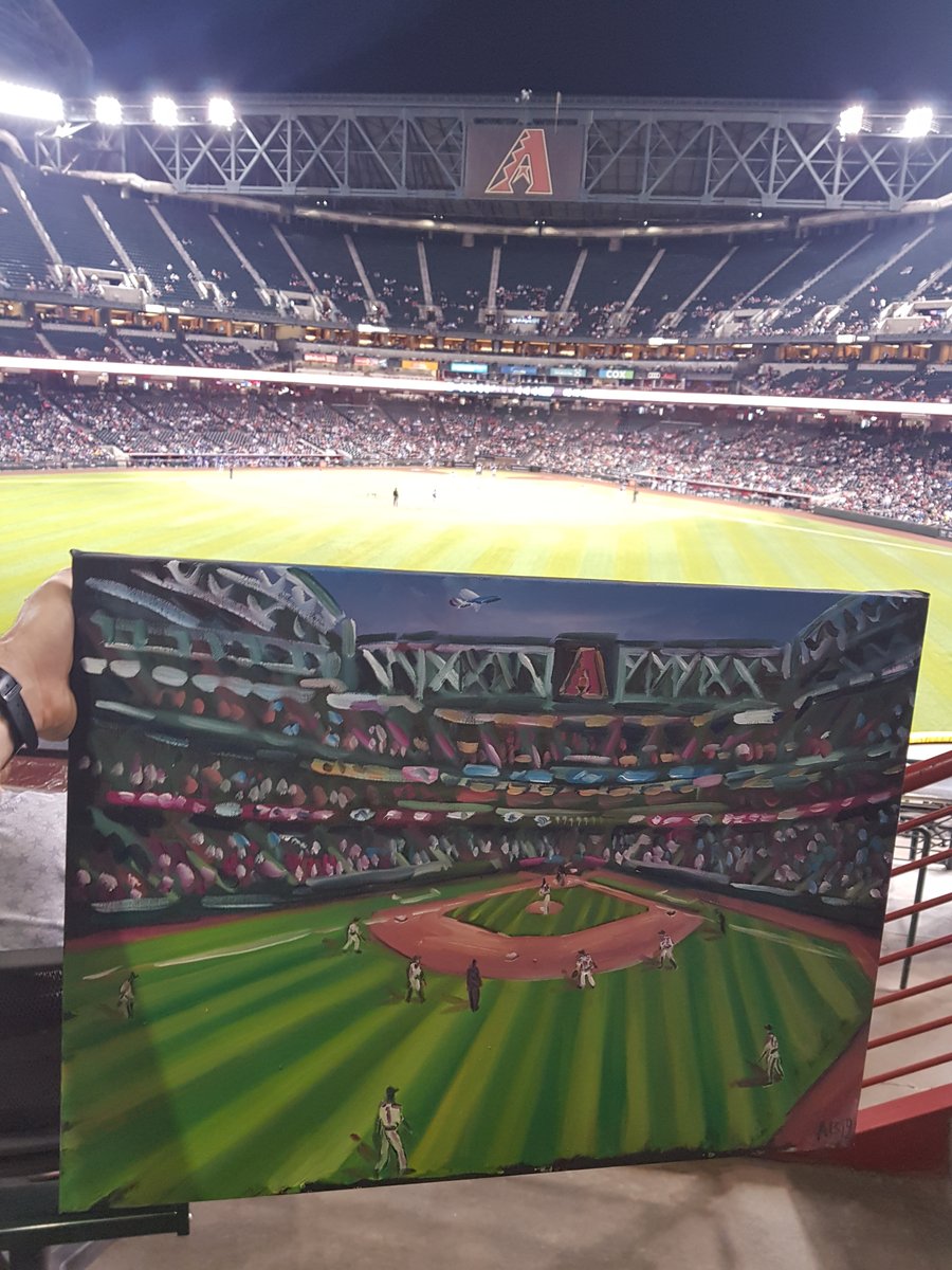 19/04/10MLB Ballpark 3/30 Chase FieldPainted at ‘Hole in the Rock’ a local geological feature just out of Phoenix. Back to Chase Field for the evening, painting from the outfield - with the roof open!  @Dbacks vs  @Rangers #MLB  #DiamondsOnCanvas  #AndyBrown