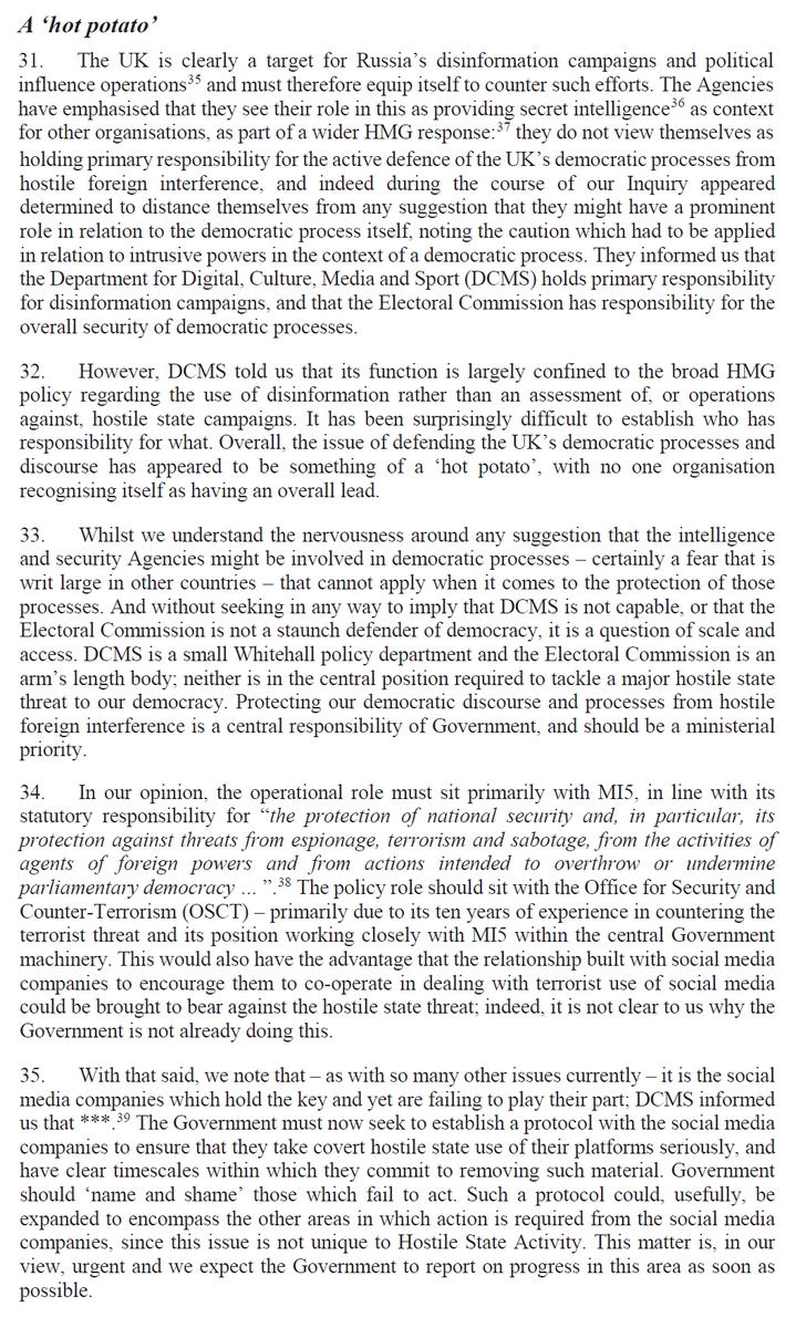 HOT POTATO: UK intel/security agencies say they only inform the broader govt, while protecting elections is regulators' job. But those regulators say their job is just to administer narrow technical domestic policies at an arm's length, not to defend democracy. So nobody does it.