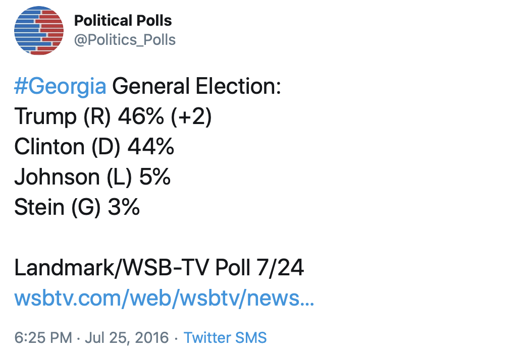 At this moment in 2016, smart people were all atwitter about how Clinton had a real shot at winning Georgia. And this is months before the Access Hollywood tapes doomed Trump's chances. So let's not jinx ourselves.