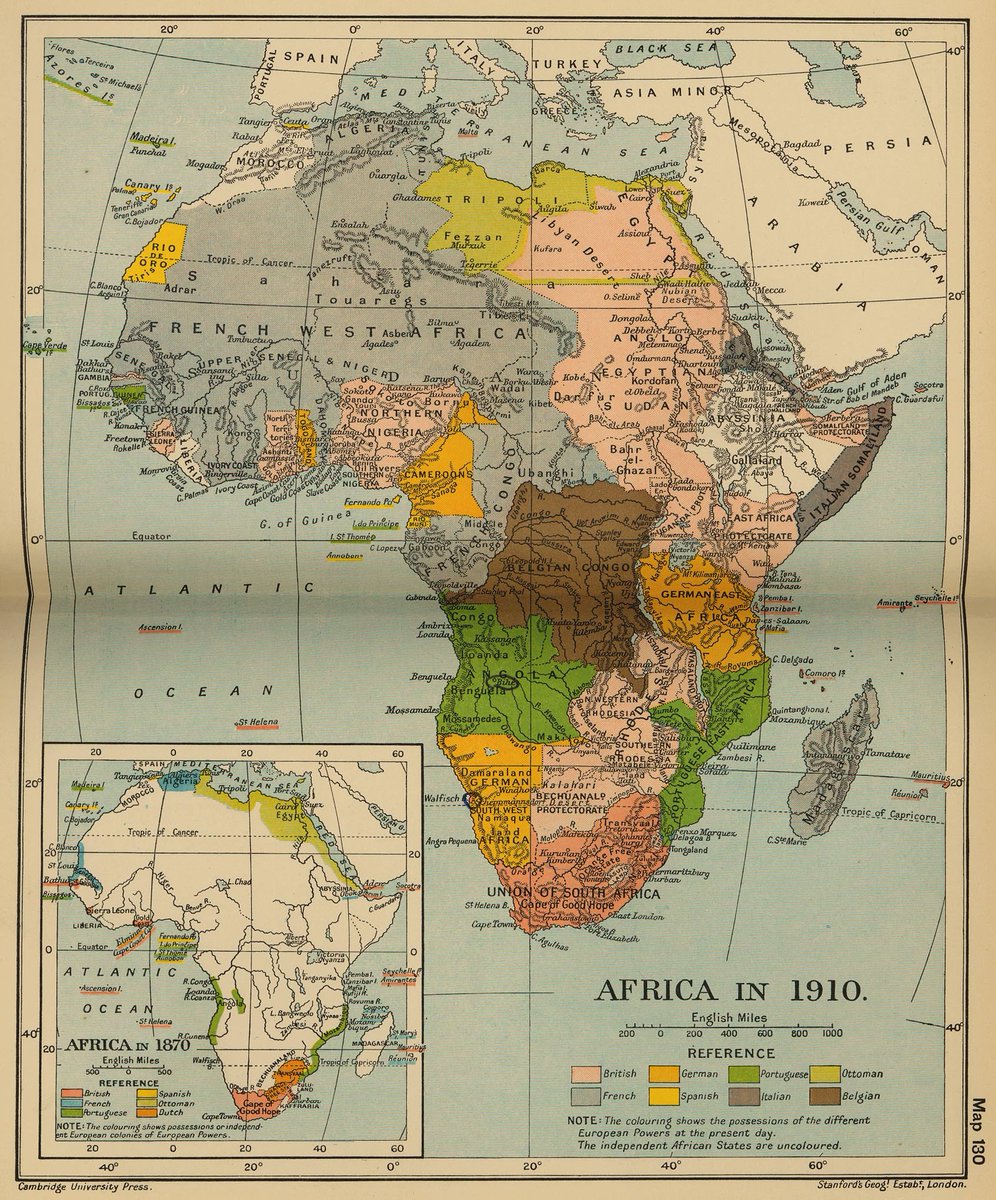 21. Map of Africa from the Cambridge Modern History Atlas (1912).Coloring shows the possessions of the different European Powers in 1910. The independent African states are uncolored.