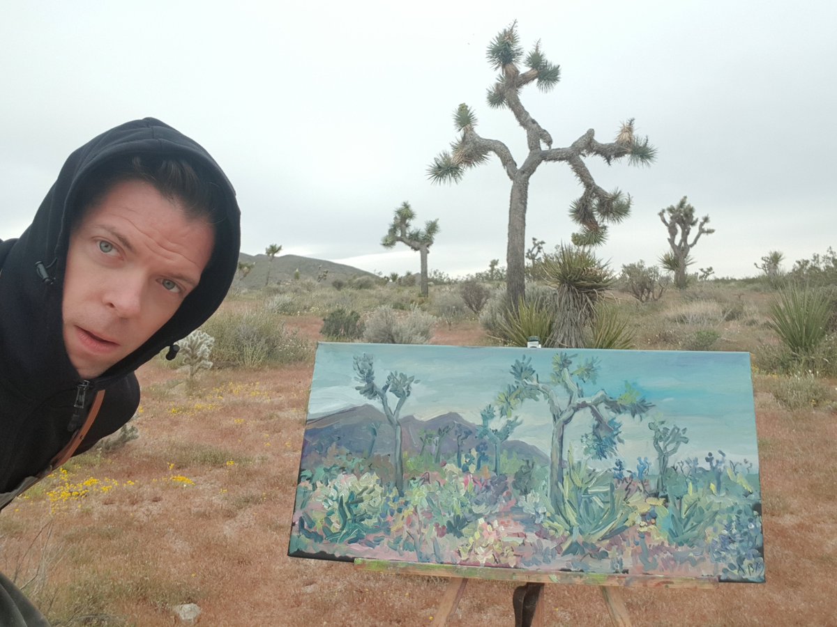 19/04/11Drive: Phoenix to Joshua Tree National ParkEn-route to LA I stopped for the night in  @JoshuaTreeNPS painting the unearthly landscape therein and the charismatic trees whose name titles the park. #MLB  #DiamondsOnCanvas  #AndyBrown