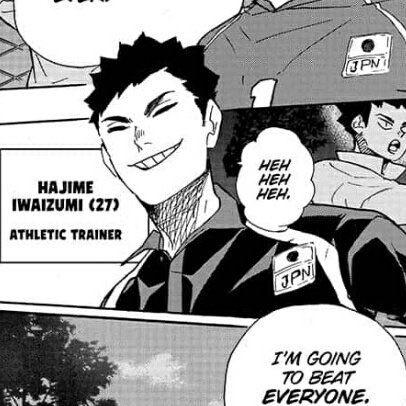 thinking of iwaizumi hajime (27) athletic trainer showing up for practice one morning in his sweats and the national team collectively losing their minds 