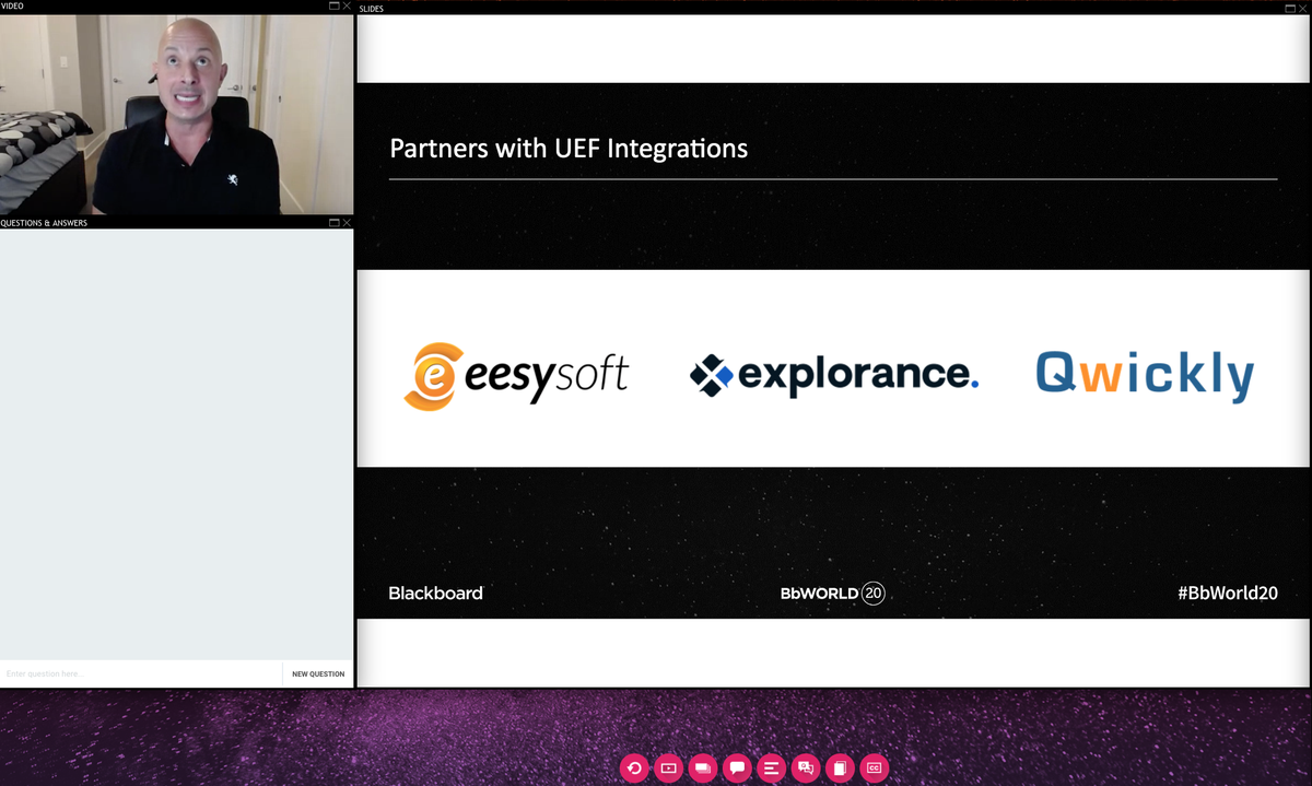 shurrey's tweet photo. I have been super-impressed with the quick adoption of the Ultra Extension Framework by these @Blackboard Partners: @EesySoft, @explorance, and @QwicklyTools. UEF is a game-changer! #BbWorld20 #DevCon20 #NerdPower #GalaxyOfTech https://t.co/nRke9z47Ry