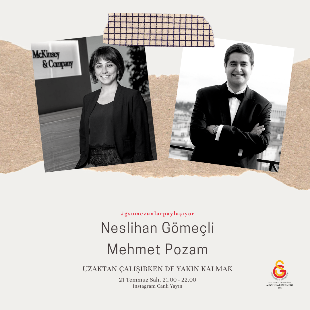 gsumezunlar's tweet photo. Neslihan Gömeçli ve Mehmet Pozam’ın “Uzaktan Çalışırken de Yakın Kalmak” konulu sohbeti bu akşam #gsumezunlarpaylaşıyor Instagram canlı yayın serimizde! Görüşmek üzere! #gsumed #galatasarayuniversitesi https://t.co/bgr86Lgs0q