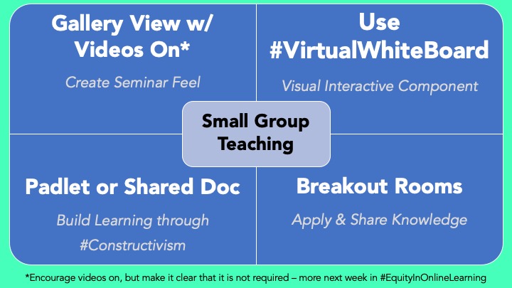 7/ How about small group teaching?IRL I try to : Create an open, less formal environment Use tools that increase interaction, and communicate info in a different way Have learners apply, share, and create knowledge together for  #Zoom framework