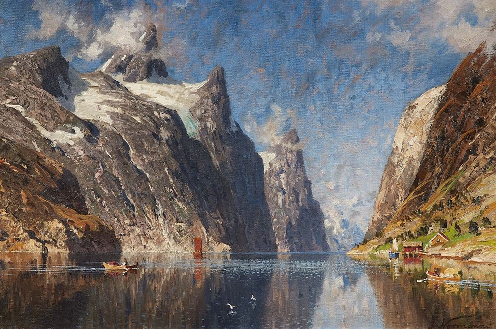 fineartnow's tweet photo. Eilert Adelsteen Normann (1848 – 1918) was a Norwegian painter who worked in Berlin. He was a noted painter of landscapes of Norway. His fjord paintings are credited with making the Norwegian fjords a more popular tourist destination #art https://t.co/SGvfvoDKTz