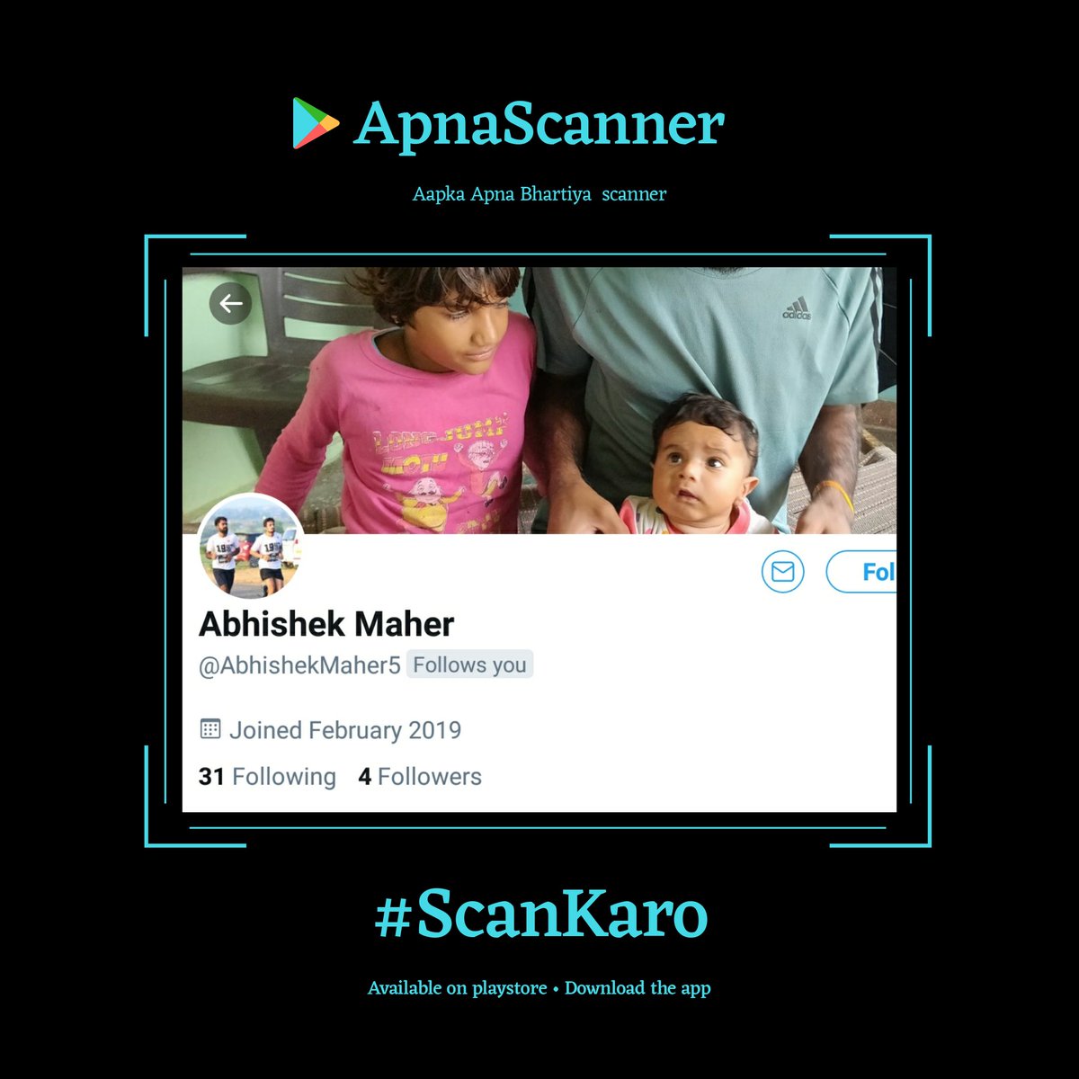 YourtechIn's tweet photo. @AbhishekMaher5 Dear @AbhishekMaher5 ,

Please Download the #ApnaScanner App : 
https://t.co/9i0WJ7KK2T

YourtechIn 🐾 https://t.co/tzMCW5iXeo