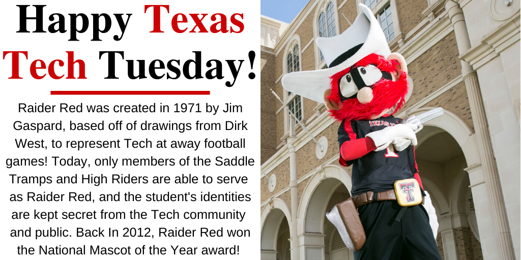 ttu_sds's tweet photo. Happy #TechTuesday! @tturaiderred @ttuhighriders @saddletrampsttu
#ttusds #texastech #ttu #texastechuniversity #raiderred #schoolspirit #traditions #gunsup #mascot #schoolmascot #jimgaspard #dirkwest #highriders #saddletramps https://t.co/zv9YevxsUK
