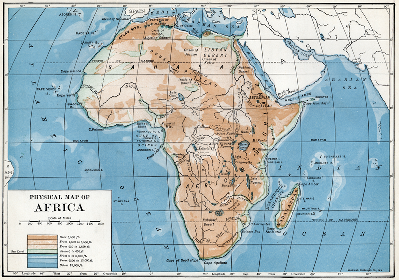 22. Physical map of Africa from a geography textbook (1916).
