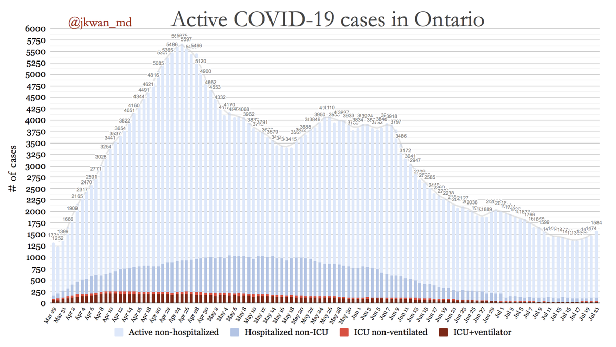 Active  #COVID19 cases in  #Ontario(Excludes resolved & deceased)Active (non-hospitalized): 1464Hospitalized non-ICU: 84ICU non-ventilated: 13ICU+ventilator: 23Total active cases: 1584 #COVID19  #COVID19ON  #covid19Canada  #onhealth