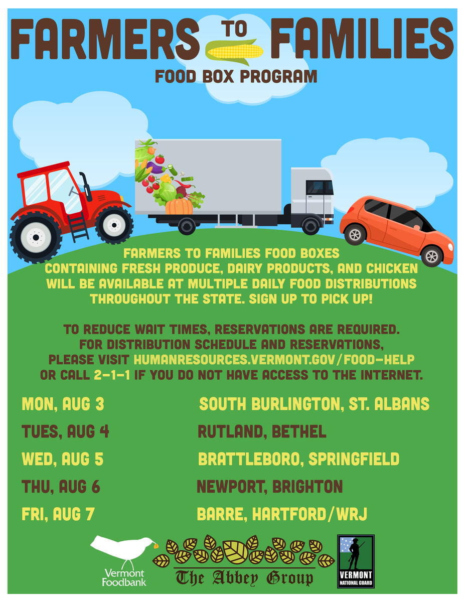 FoodBoxAbbeyVT's tweet photo. #Vermont #FarmerstoFamilies registration for Aug is up! Visit https://t.co/iWmJgDe8UH or call 211 to register. Please check out our FB post for more information regarding registrations moving forward. https://t.co/8yjvSHadx5 https://t.co/xeoOLxpqs9