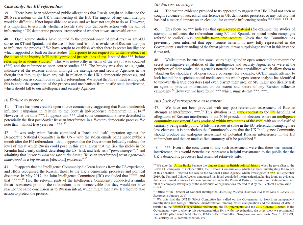 When parliament asked MI5 for its assessment of foreign interference in the 2016 vote, the response was just six lines of text citing academic studies. Even their reliance on open source material it was incomplete. By contrast, the USG had a public assessment within 2 months.
