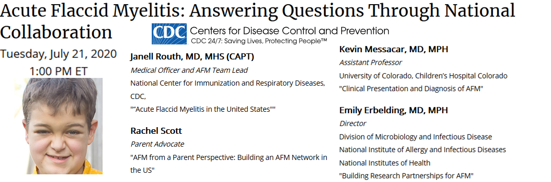 kmess44's tweet photo. Join us today at 1PM EST for CDC Public Health Grand Rounds on Acute Flaccid Myelitis: Answering Questions through National Collaboration @CDCgov @NIAIDNews @helpAFMA @CUDeptofPeds 
https://t.co/xJonH41BQN https://t.co/idLpWKr8bT