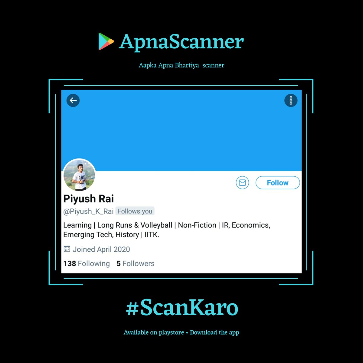 YourtechIn's tweet photo. @Piyush_K_Rai Dear @Piyush_K_Rai ,

Please Download the #ApnaScanner App : 
https://t.co/9i0WJ82lrt

YourtechIn 🐾 https://t.co/RrtUQ0VbMS