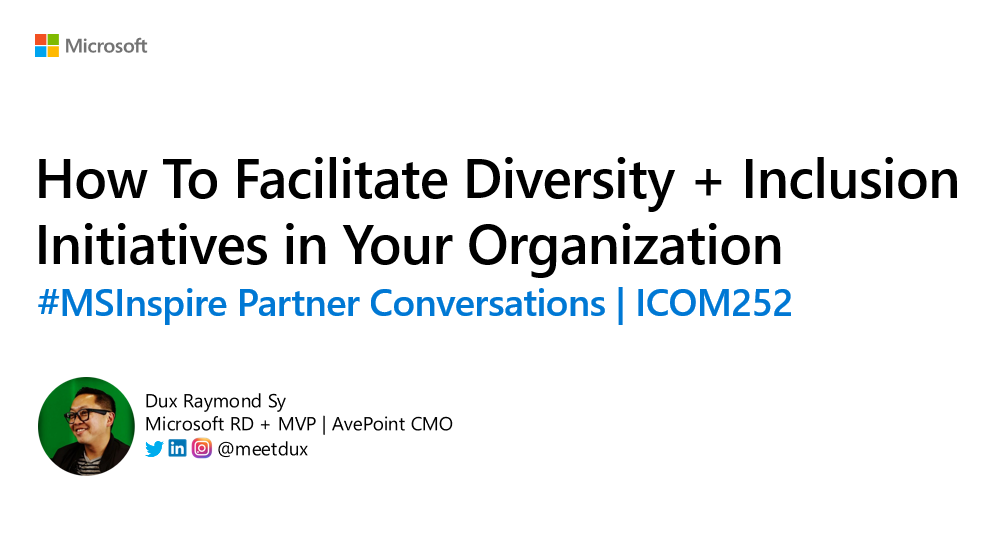 meetdux's tweet photo. Join #MSInspire ICOM252 #PartnerConversations - Let's get together &amp; learn how we can facilitate #DiversityandInclusion  initiatives https://t.co/kZKRiiWAhu

#EmpowerEveryone #HumansofIT #MVPBuzz #MSPartner https://t.co/5mmmFo8rGs