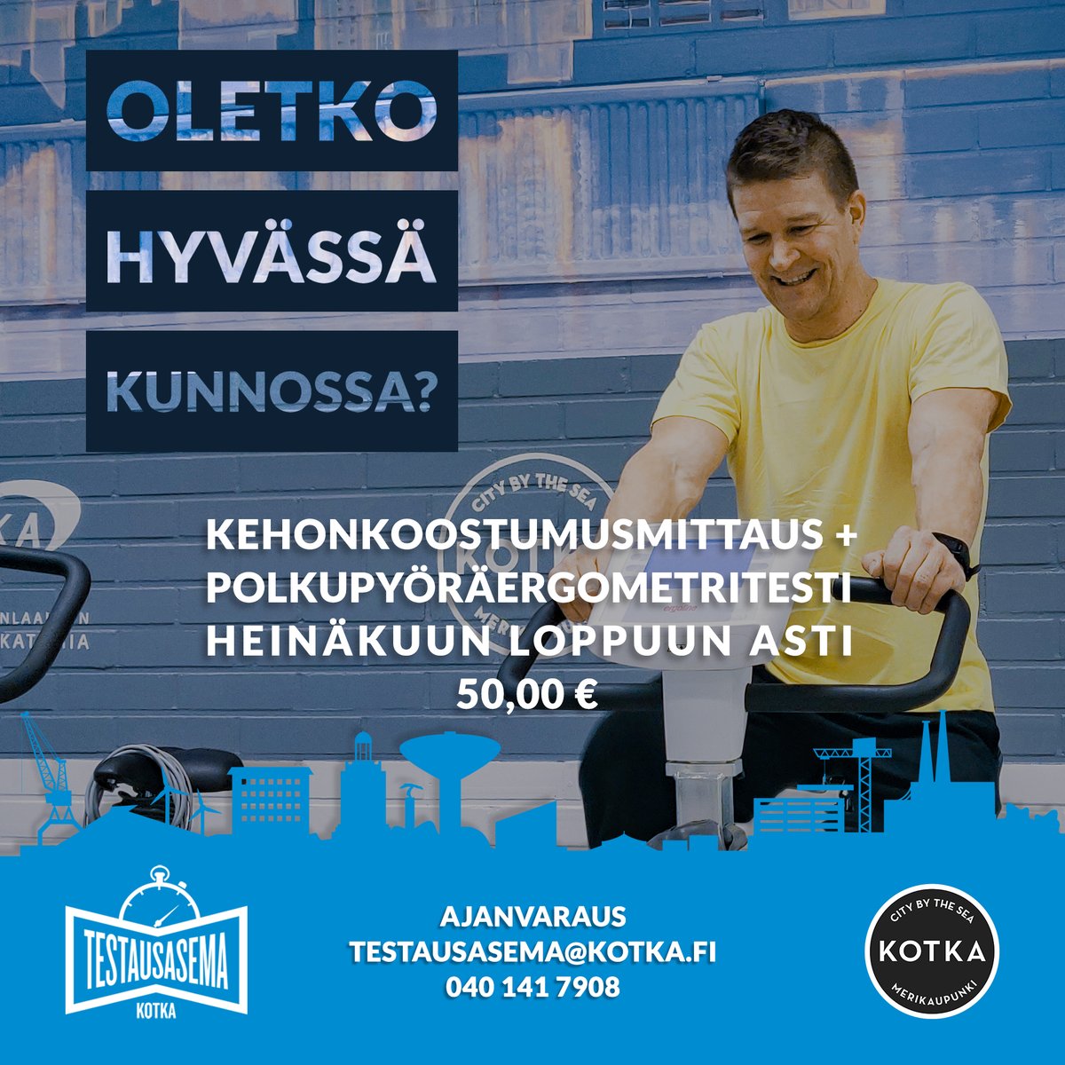 Testausasema's tweet photo. Tiedätkö, millaisessa fyysisessä kunnossa olet tällä hetkellä?  
Kehonkoostumusmittaus + Epäsuora polkupyöräergometritesti heinäkuun loppuun asti Testausasemalla tarjoushintaan 50,00 €.
Varaa aika sähköpostitse: testausasema@kotka.fi tai soittamalla numeroon 040 141 7908. https://t.co/NNLIV1hOh3