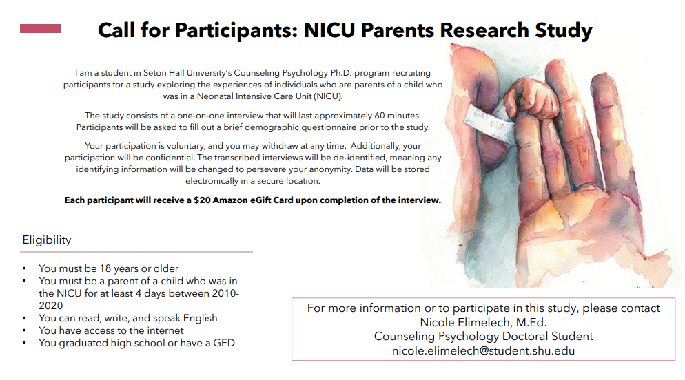 NICU Parent Research Study needs participants for a <a href="/SetonHall/">Seton Hall</a> study. If you had a preemie in 2010/ later who spent 4+ days in the NICU, you may be able to help &amp; share your experience. If Interested &amp; requirements are met you can fill out these questions: shu.co1.qualtrics.com/jfe/form/SV_3k…