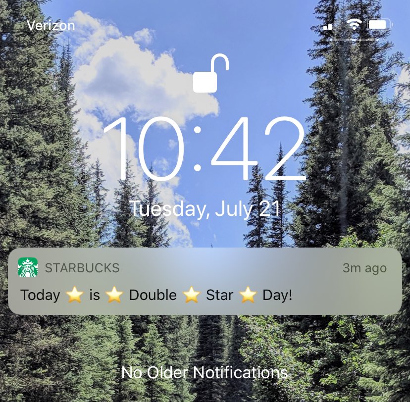 The only notification I wanna see! ☕️ ⭐️ <a href="/Starbucks/">Starbucks</a> #doublestarday